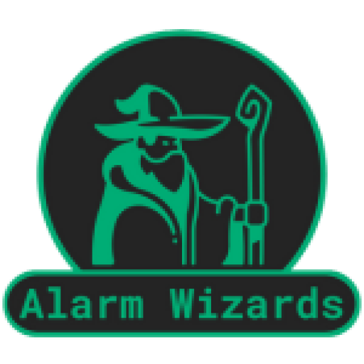 Alarm Wizards logo featuring the mascot whose ready to give you a better Alarm system